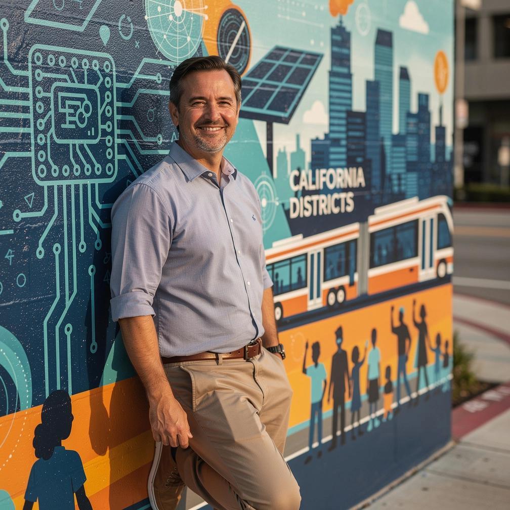 A panoramic view of a California neighborhood integrating renewable energy and smart infrastructure as part of local tech evolution initiatives